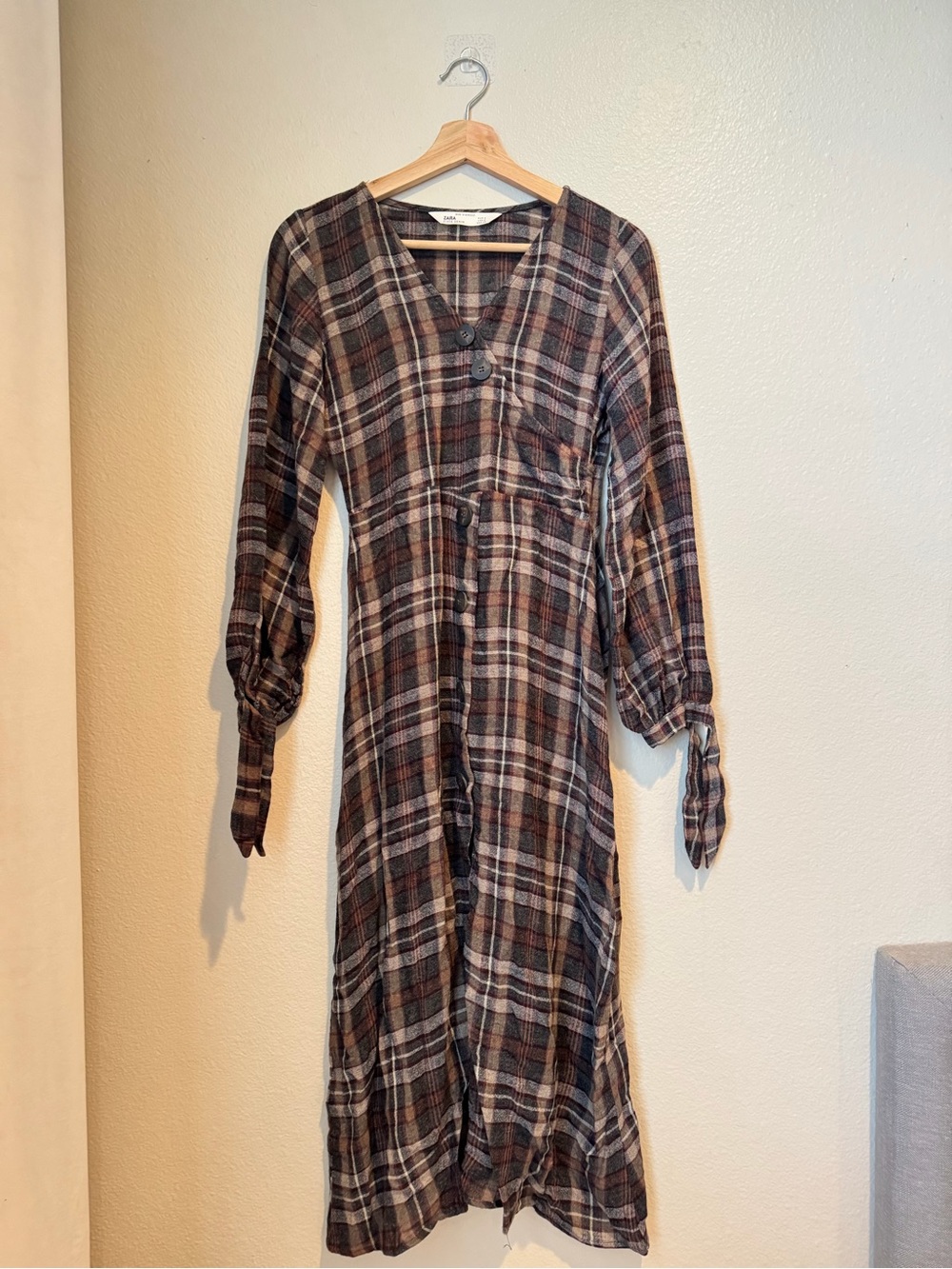 Zara Plaid Long Sleeve Midi Dress in Brown and Black